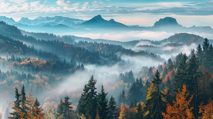 A panoramic view of mist-covered mountains and dense forests, creating an ethereal atmosphere in the autumn landscape.