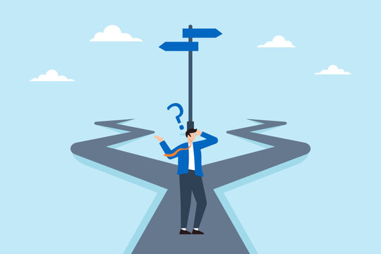 Businessman thinking between two directions with question mark. Concept of decision making in face of uncertainty, process of choosing between two options, and navigating difficult situations
