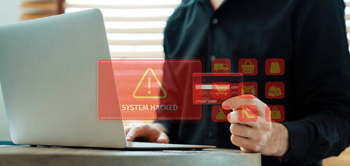 Customer watching hologram interface warn danger of credit card hacked while using cashless...