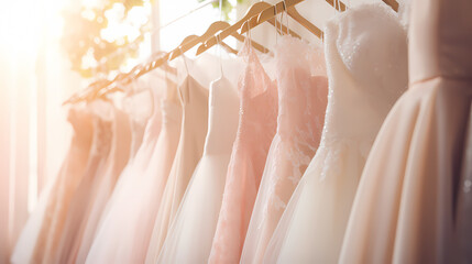 A row of wedding dresses hanging on the lingerie rack in the store
