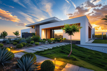 Chic modern house with a minimalist approach to its landscaped neat front yard.