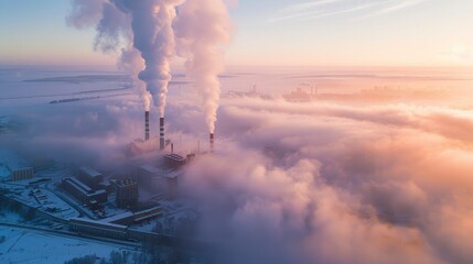 Aerial view of a power plant with smokestacks emitting thick clouds of steam above the foggy winter landscape at dawn