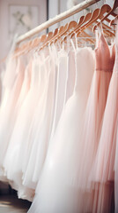 A row of wedding dresses hanging on the lingerie rack in the store - obrazy, fototapety, plakaty