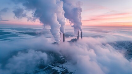 Aerial view of a power plant with smokestacks emitting thick clouds of steam above the foggy winter landscape at dawn
