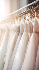 A row of wedding dresses hanging on the lingerie rack in the store - obrazy, fototapety, plakaty