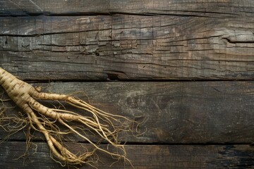 Ginseng Root on Weathered Wood Background. Raw and Organic Panax Ginseng Herb for Natural Medicine