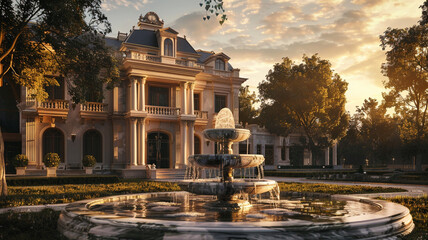 Mansion with a majestic front yard marble fountain bathed in the early golden sunlight.