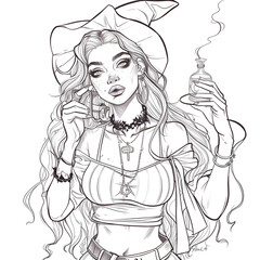 coloring page, modern witch is holding a love potion