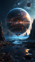 A hyper-realistic digital artwork capturing the ethereal beauty of an astral artificial planet. - obrazy, fototapety, plakaty