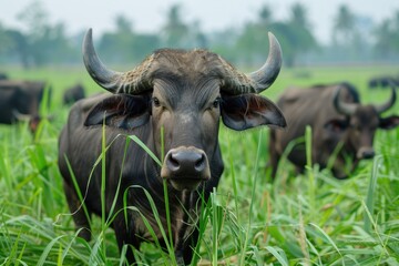 Fototapeta premium Water Buffalo grazing in the fields of Isan, Thailand. A beautiful display of nature and agriculture