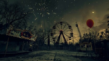 Ominous Carnival Scene Under Starry Midnight Skies with Silhouetted Ferris Wheel and Creepy Clown Figures