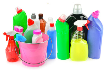 Cleaning and disinfectants isolated on white. Collage. - 799258864