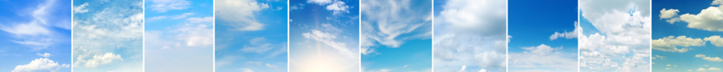 Blue nature sky background and clouds. Collage.Wide photo.