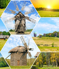 Old wooden windmills in field and sun on sky. Pyrohiv village near Kiev, Ukraine. Collage. - 799258889