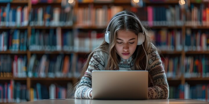 Medium shot of a student in a library with headphones, deeply focused on an online MOOC on her laptop screen