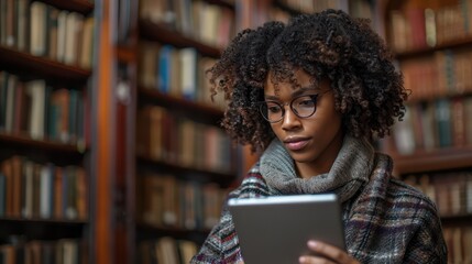 Medium shot of a student using a tablet in a library to access an online academic workshop through a university portal