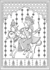 Vibrant Kalamkari Art: illustration of Goddess Durga, Indian Countryside - Rural Life Bliss. Illustration, Vector, Drawing. Subh Navratri Indian religious header banner background