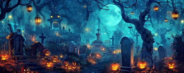 Halloween background with a haunted graveyard, spooky forest and glowing pumpkin