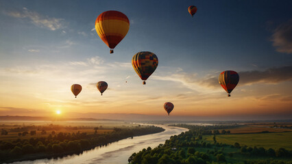 "Hot Air Balloons Soaring Over Scenic Landscape and River"