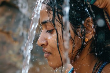 Indian woman suffering from extreme heatstroke getting refreshed by pouring water on herself.