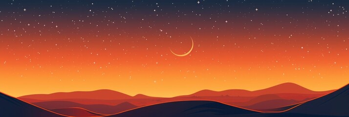  Islamic background with an orange gradient, stars, and a crescent moon in the sky at sunset