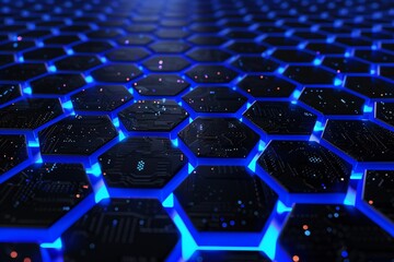 Obraz premium Blue glowing tech hexagons assembling into a futuristic interface