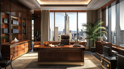 An executive office interior with floor-to-ceiling windows offering panoramic views of the city...