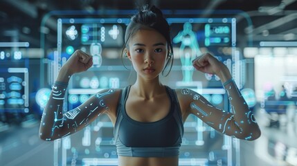 A medium shot of a sports trainer analyzing athletic performance with augmented reality, displaying stats and motion paths around the athlete