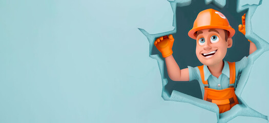 Cartoon cheerful male builder in an orange suit and helmet looks out of a hole on a blue background with copyspace