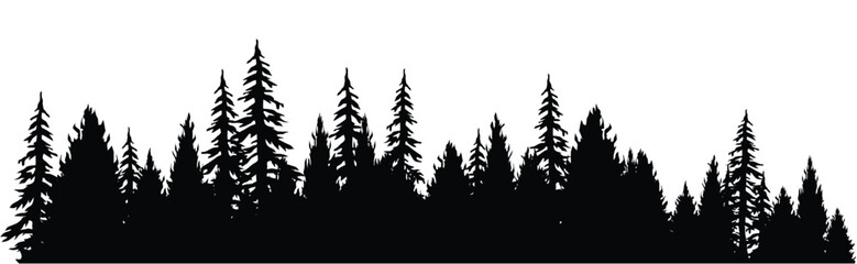 Silhouette of forest and flying birds. Mountainous surface. Beautiful trees (spruce) are separated from each other, Vector illustration.