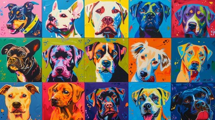 A vibrant set of dog paintings, each piece vividly capturing different colored canines in unique artistic styles