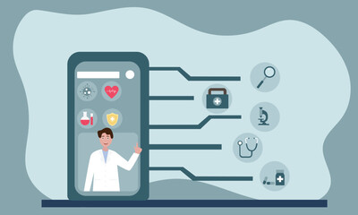 Smart Doctor giving consultation and advice online through video call and Medical Application. online doctor service. flat vector of Healthcare service.