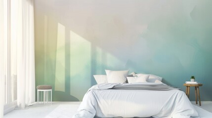 Warm minimalist bedroom design with ombre walls, clean bedding, and natural light