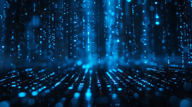 Blue matrix code raining down in a dark room for hacking concepts
