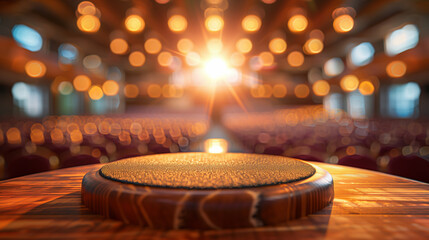Close-up of a wooden podium in an auditorium with golden bokeh lights in the background
