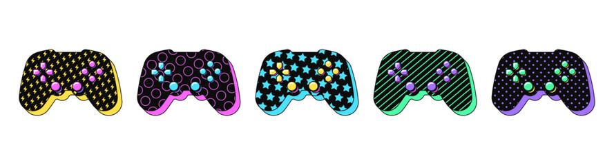 Isolated retro black gamepad icon set, vector stickers. Wireless joystick, videogame station, playing video console, gamer gadget. Textured 3d game controller set, retro design elements for ads © Дмитрий Майер
