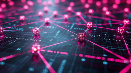 Digital blockchain network with glowing pink nodes and binary code