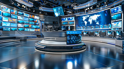 Futuristic broadcast news studio with multiple screens and global maps