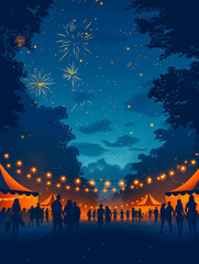Outdoor festival with fireworks and string lights at night