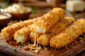 Golden Fried Mozzarella Sticks. Mouthwatering Appetizer of Cheese Served with Marinara Sauce.