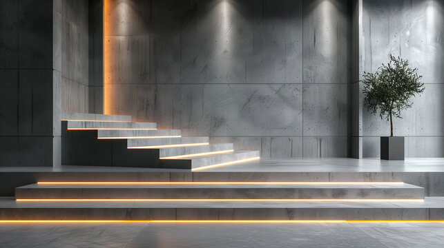 Modern staircase with illuminated steps in a concrete interior