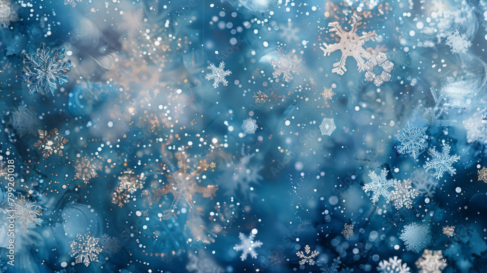 Poster delicate snowflakes in an abstract artistic winter background set against a blue bokeh backdrop