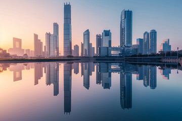 Reflective river at sunrise showcasing a peaceful double skyline of modern buildings.