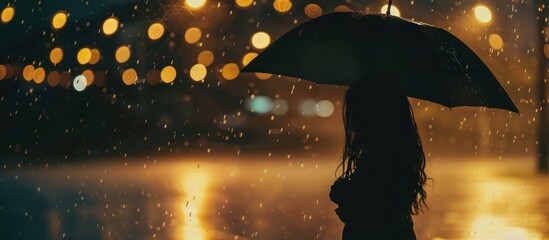 Silhouette of a man carrying an umbrella during heavy rain