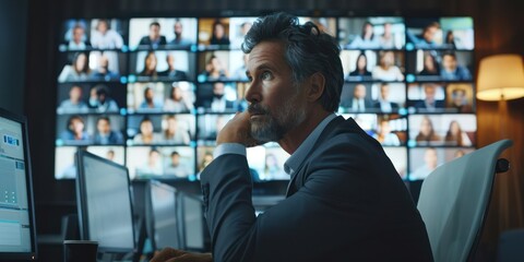 Medium shot of a corporate trainer hosting a live training session via video conferencing, with participants visible on a large monitor