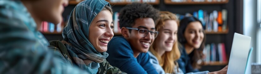 Obraz premium Medium shot of a group of students using a collaborative tool within a student portal to work on a group project remotely