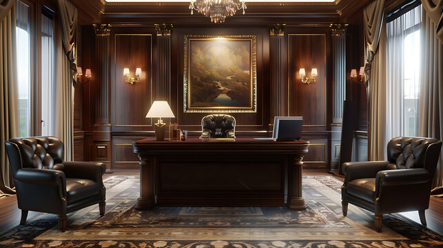 The interior of an executive office suite with a private meeting area, executive desk, and comfortable seating, designed for conducting business in comfort and style, against a backdrop of professiona