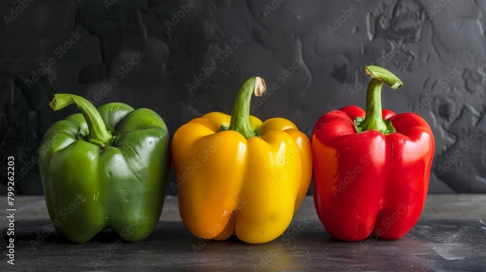 Poster three peppers in a row on a tabletop