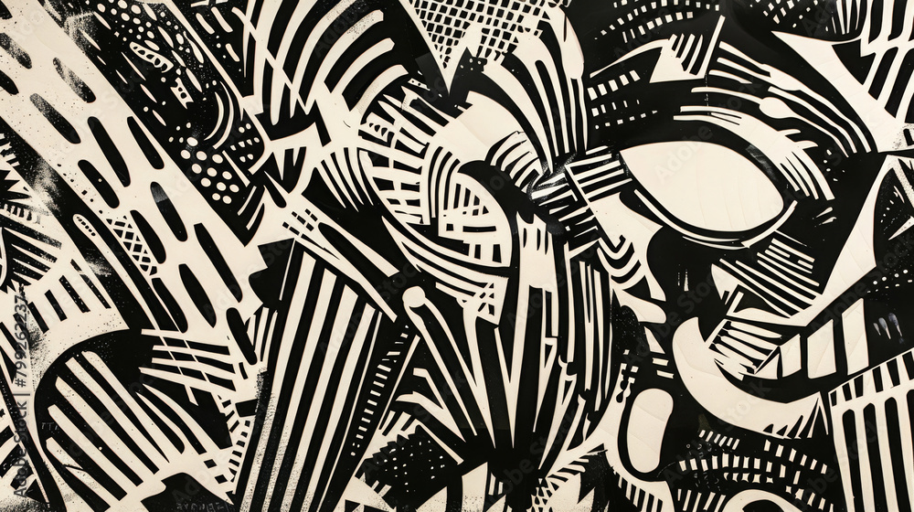 Aufkleber dynamic black and white street art with modern abstract shapes and patterns
