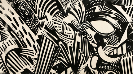 Dynamic black and white street art with modern abstract shapes and patterns